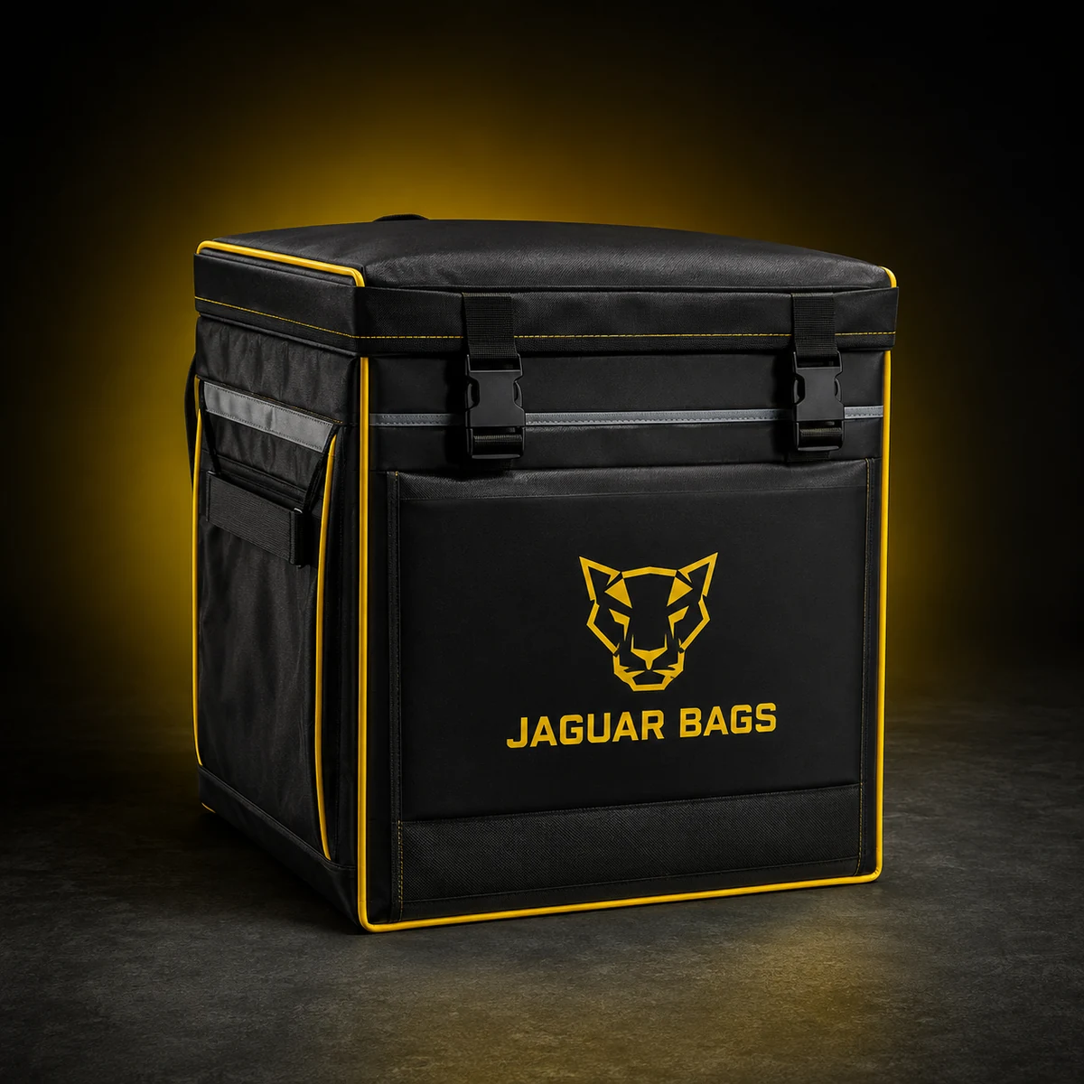 Imagem ilustrativa de uma bag Jaguar Bags preta com detalhes amarelos
